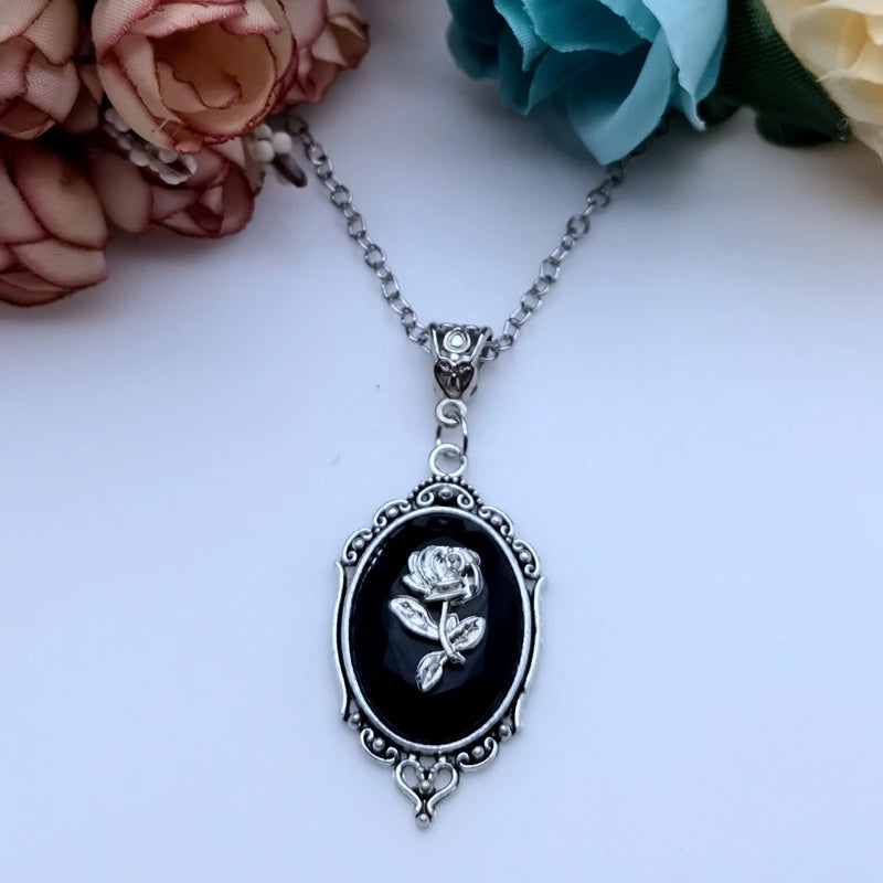 Gothic Rose Cameo Necklace – Crystal Pendant for Women