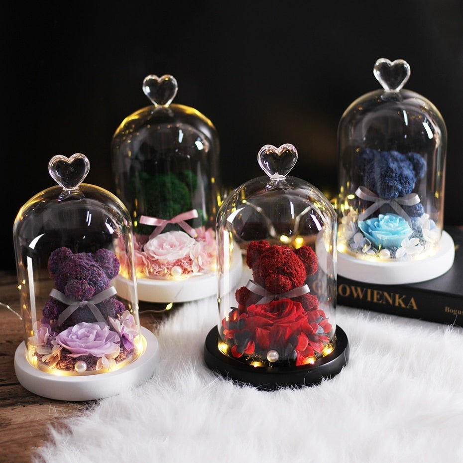 Eternal Rose Teddy Bear Under Bell & Blue LED - Eternal Rose Store