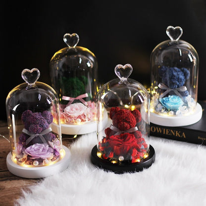 Eternal Rose Teddy Bear Under Bell & Blue LED - Eternal Rose Store