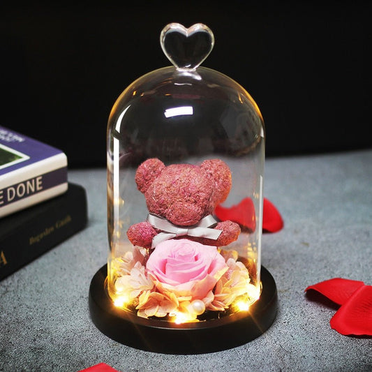 Eternal Rose Bear Under Bell & LED Rose - Eternal Rose Store