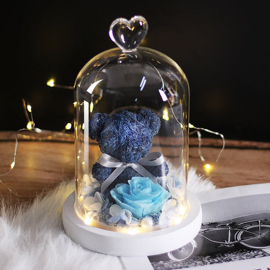 Eternal Rose Teddy Bear Under Bell & Blue LED - Eternal Rose Store