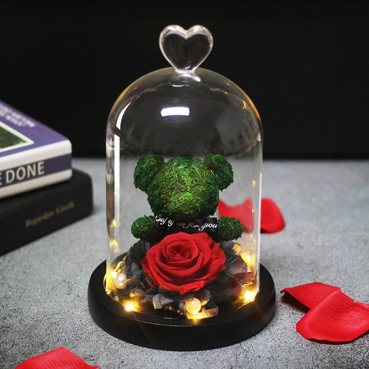 Eternal Rose Teddy Bear Under Bell & Green LED - Eternal Rose Store