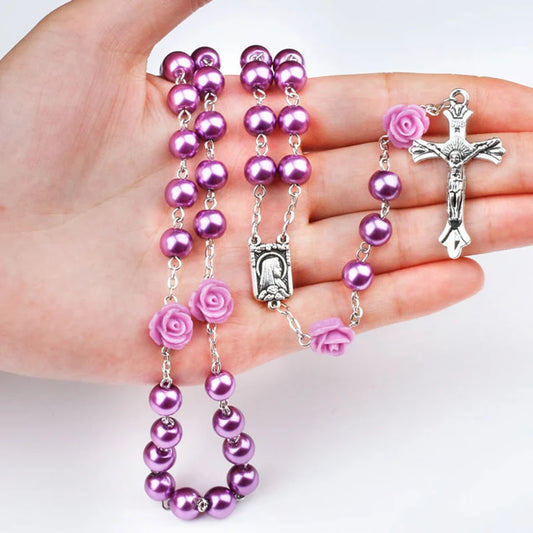 Elegant Purple Glass Bead Rosary Necklace with Crucifix Pendant